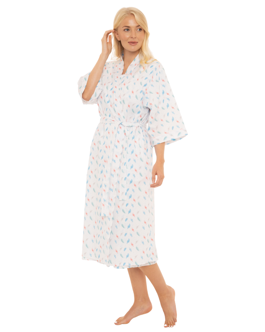 Women's Feather Print Lightweight Polycotton Wrap-over Dressing Gown