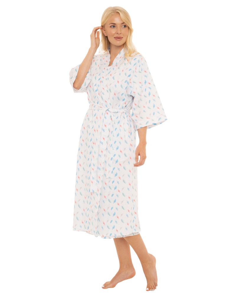 Women's Feather Print Lightweight Polycotton Wrap-over Dressing Gown