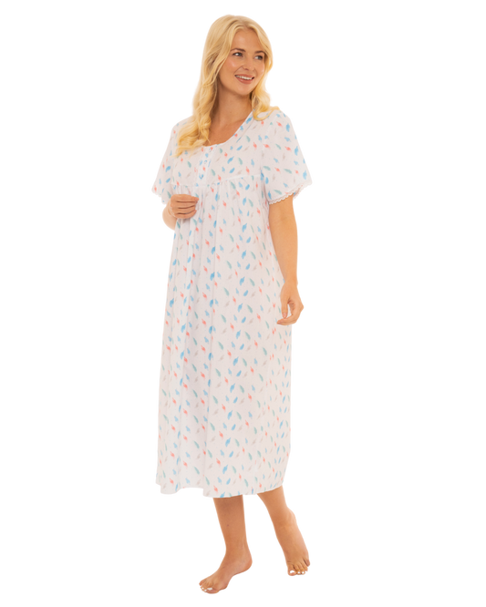 Short Sleeved Feather Print Nightdress Long Length