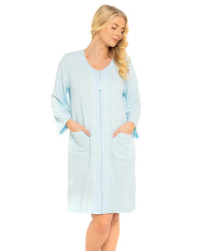 Women's Waffle Mid Weight Long Sleeve Mid Length Zip Dressing Gown with Front Pockets