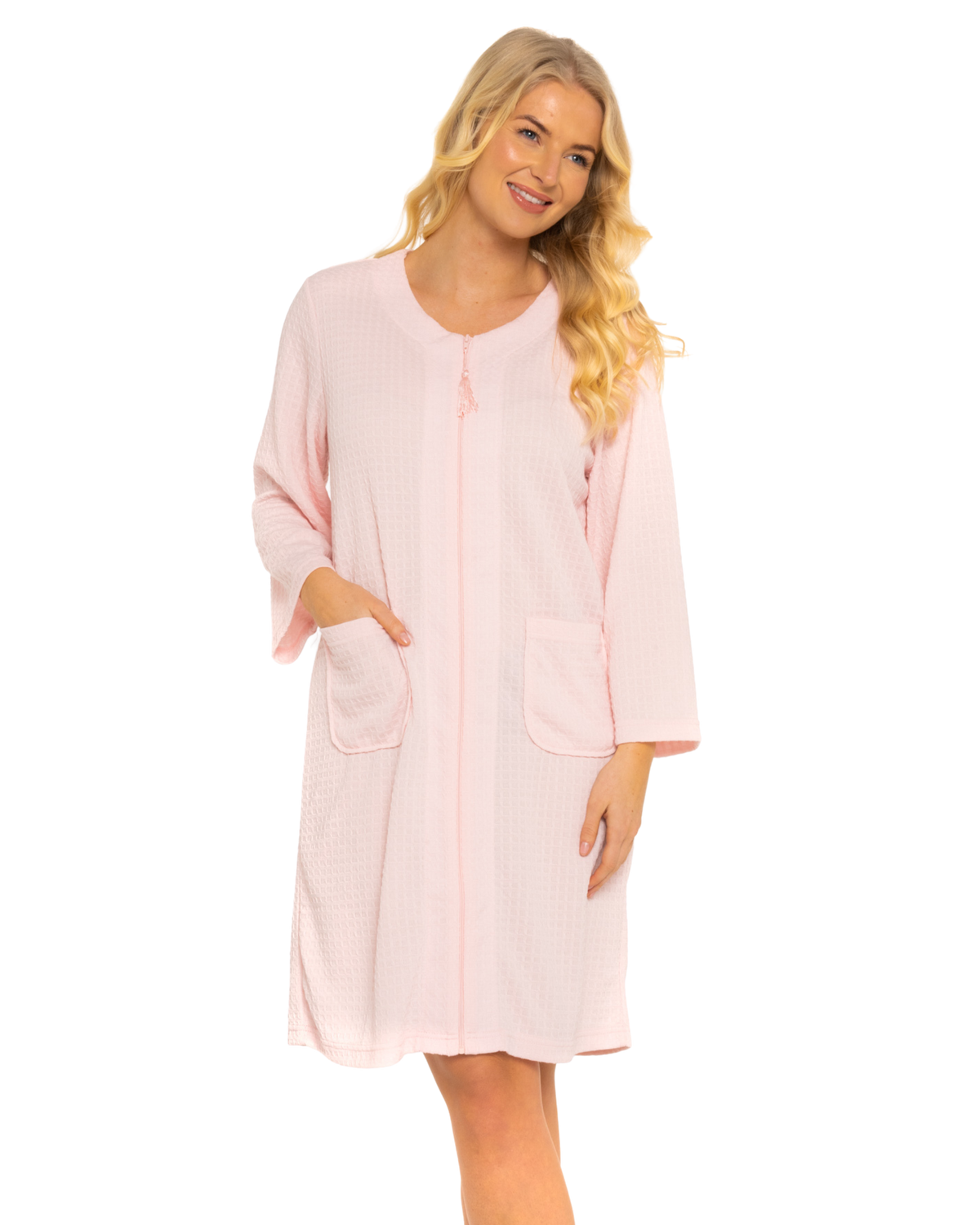 Women's Waffle Mid Weight Long Sleeve Mid Length Zip Dressing Gown with Front Pockets
