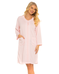 Women's Waffle Mid Weight Long Sleeve Mid Length Zip Dressing Gown with Front Pockets