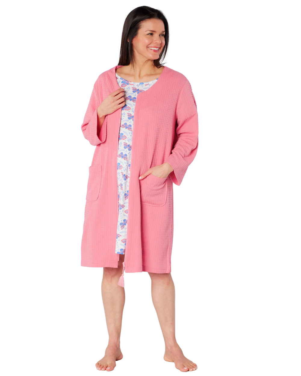 Women's Waffle Mid Weight Long Sleeve Mid Length Zip Dressing Gown wit ...