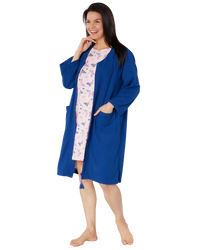 Women's Waffle Mid Weight Long Sleeve Mid Length Zip Dressing Gown with Front Pockets