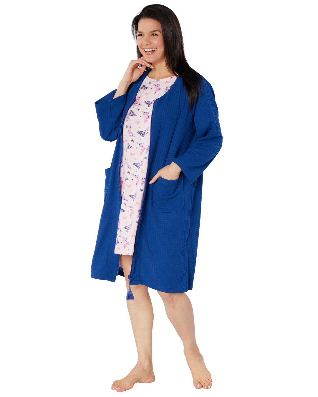 Women's Waffle Mid Weight Long Sleeve Mid Length Zip Dressing Gown with Front Pockets