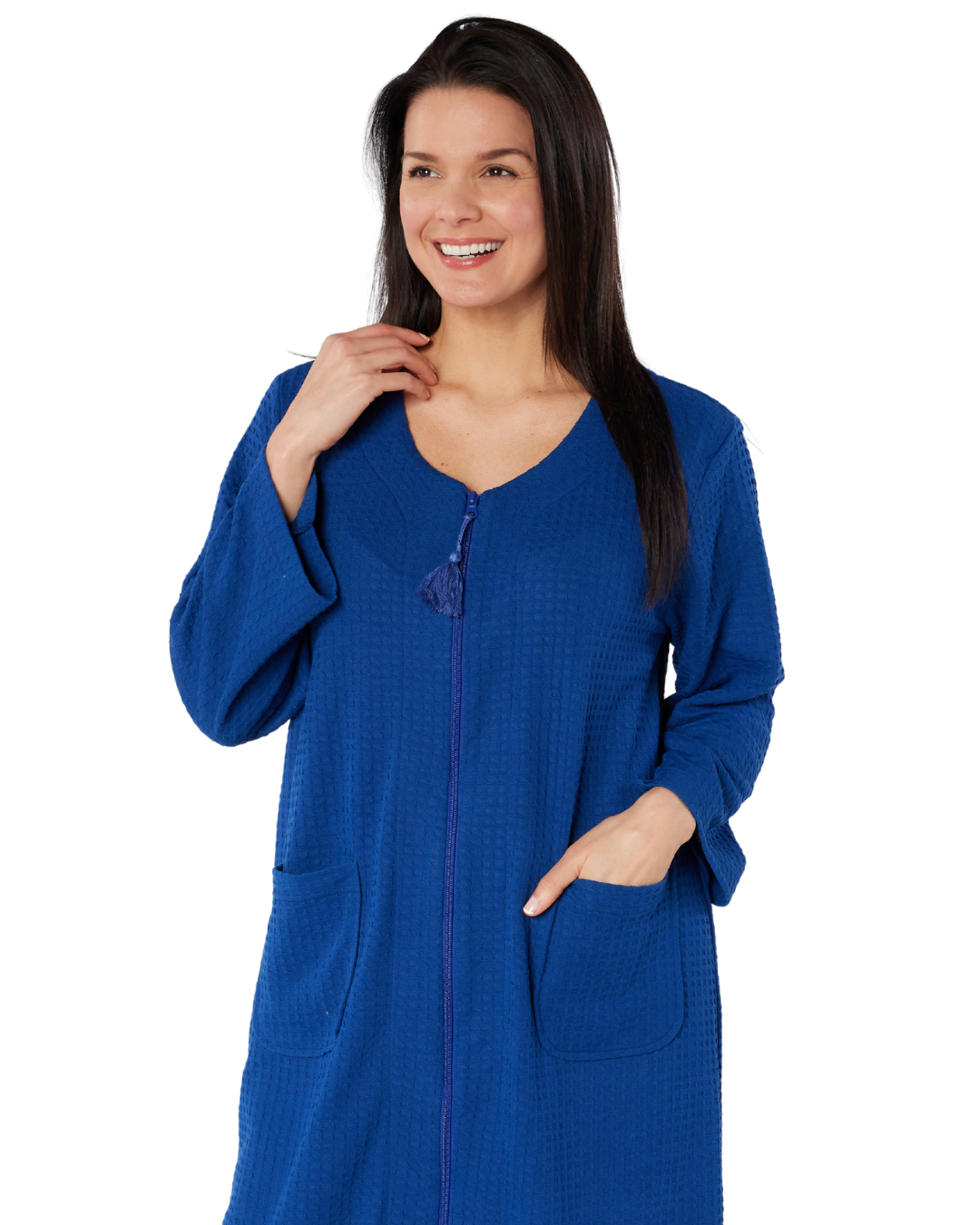 Women's Waffle Mid Weight Long Sleeve Mid Length Zip Dressing Gown with Front Pockets