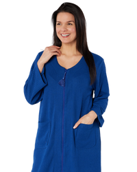 Women's Waffle Mid Weight Long Sleeve Mid Length Zip Dressing Gown with Front Pockets