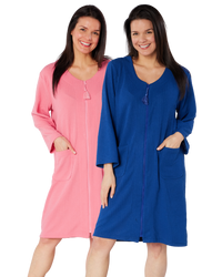 Women's Waffle Mid Weight Long Sleeve Mid Length Zip Dressing Gown with Front Pockets