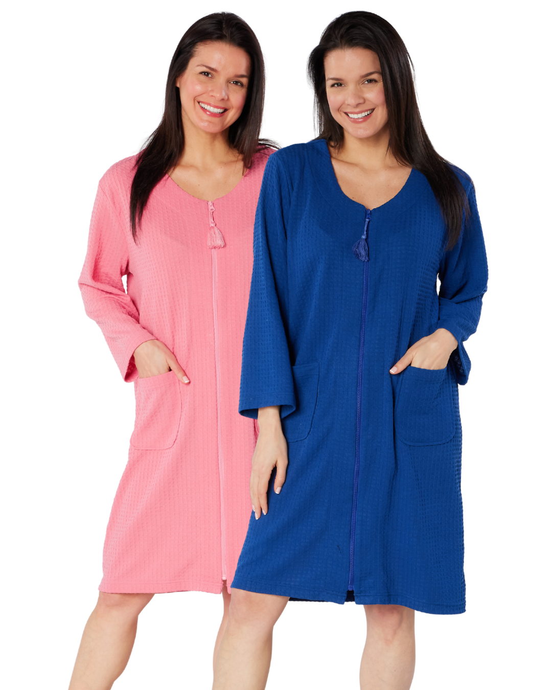 Women's Waffle Mid Weight Long Sleeve Mid Length Zip Dressing Gown with Front Pockets