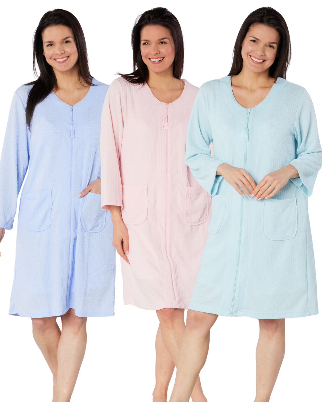 Women's Waffle Mid Weight Long Sleeve Mid Length Zip Dressing Gown with Front Pockets
