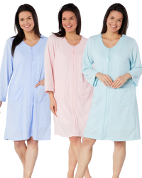 Women's Waffle Mid Weight Long Sleeve Mid Length Zip Dressing Gown with Front Pockets