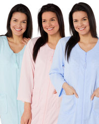 Women's Waffle Mid Weight Long Sleeve Mid Length Zip Dressing Gown with Front Pockets