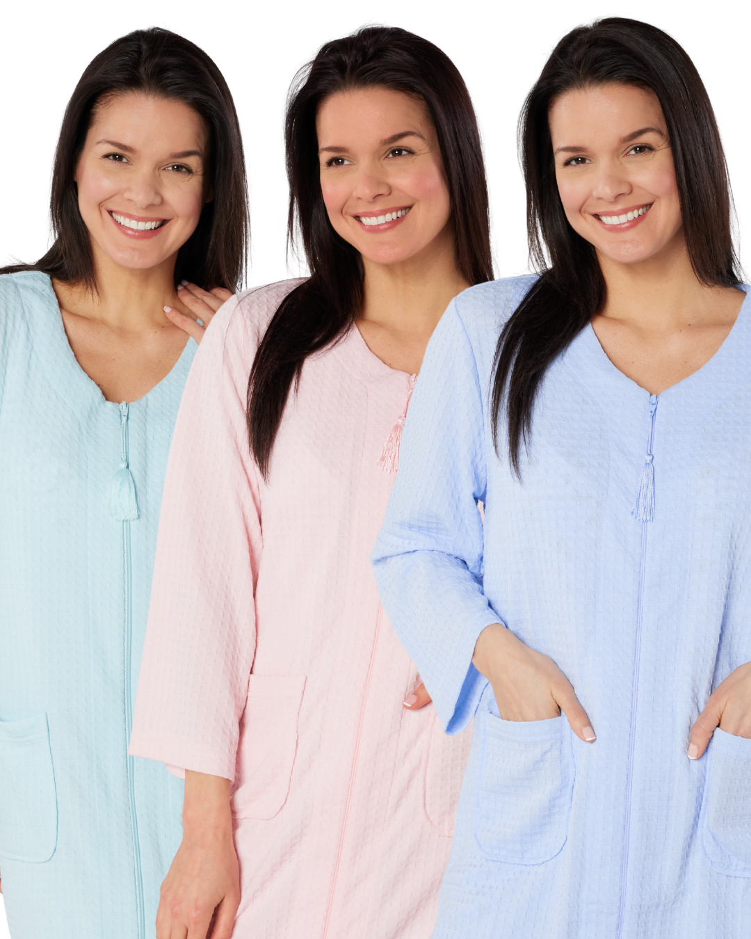 Women's Waffle Mid Weight Long Sleeve Mid Length Zip Dressing Gown with Front Pockets