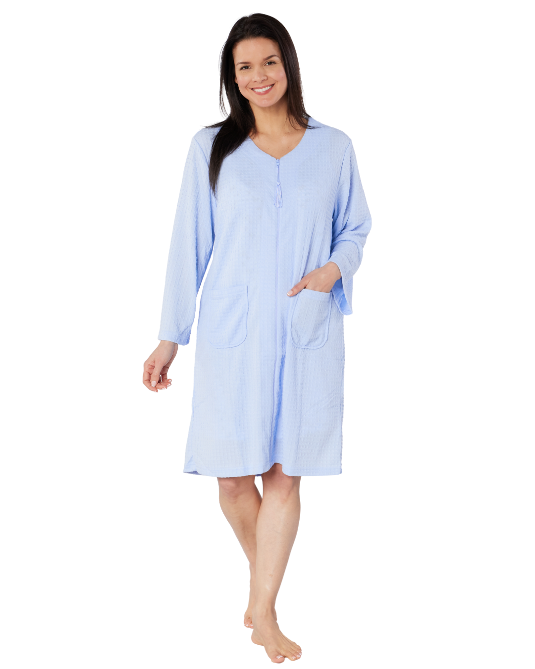 Women's Waffle Mid Weight Long Sleeve Mid Length Zip Dressing Gown with Front Pockets