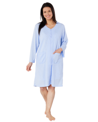 Women's Waffle Mid Weight Long Sleeve Mid Length Zip Dressing Gown with Front Pockets