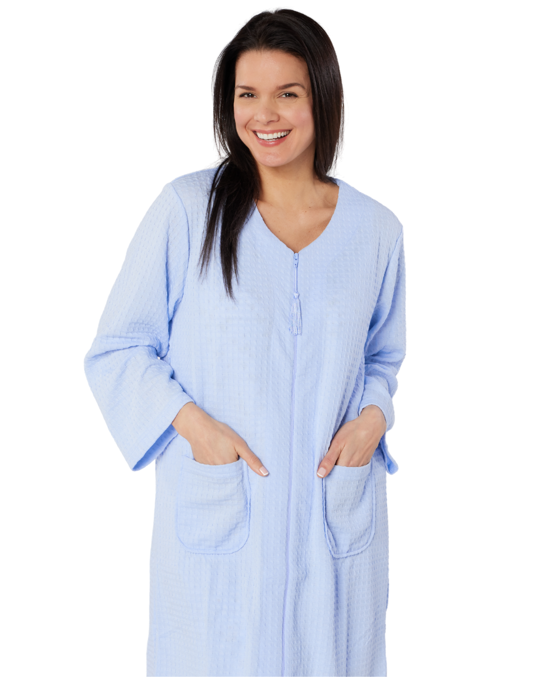 Women's Waffle Mid Weight Long Sleeve Mid Length Zip Dressing Gown with Front Pockets