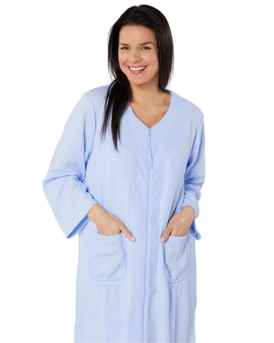 Women's Waffle Mid Weight Long Sleeve Mid Length Zip Dressing Gown with Front Pockets