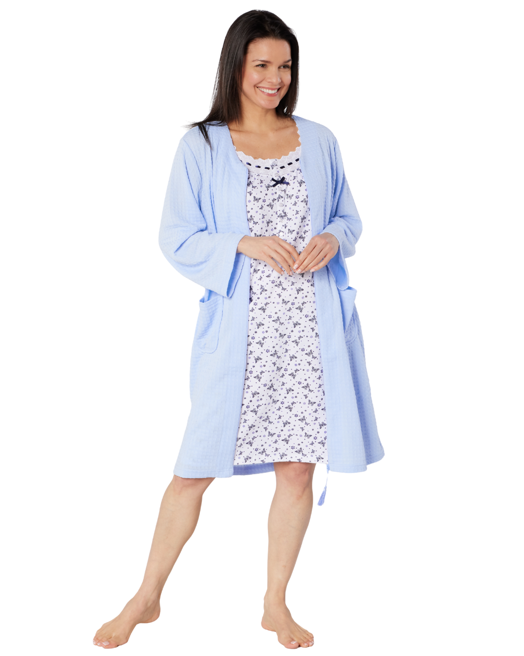 Women's Waffle Mid Weight Long Sleeve Mid Length Zip Dressing Gown with Front Pockets