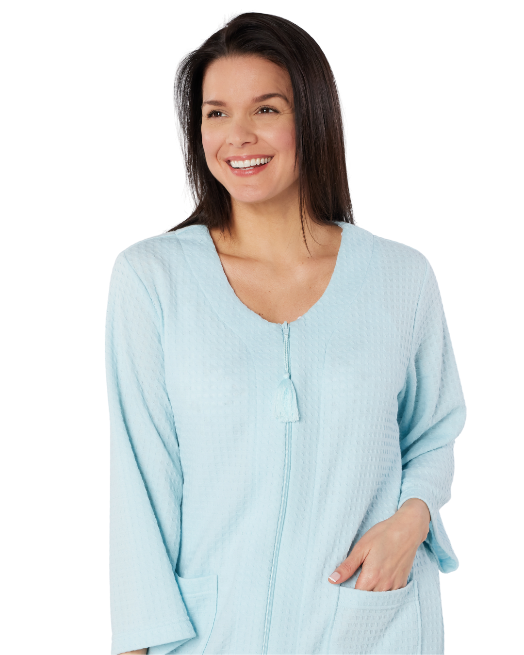 Women's Waffle Mid Weight Long Sleeve Mid Length Zip Dressing Gown with Front Pockets