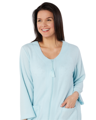 Women's Waffle Mid Weight Long Sleeve Mid Length Zip Dressing Gown with Front Pockets