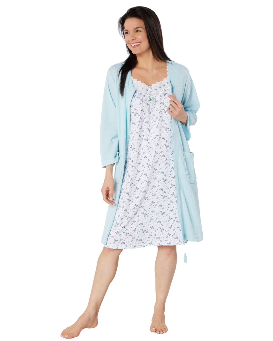 Women's Waffle Mid Weight Long Sleeve Mid Length Zip Dressing Gown with Front Pockets