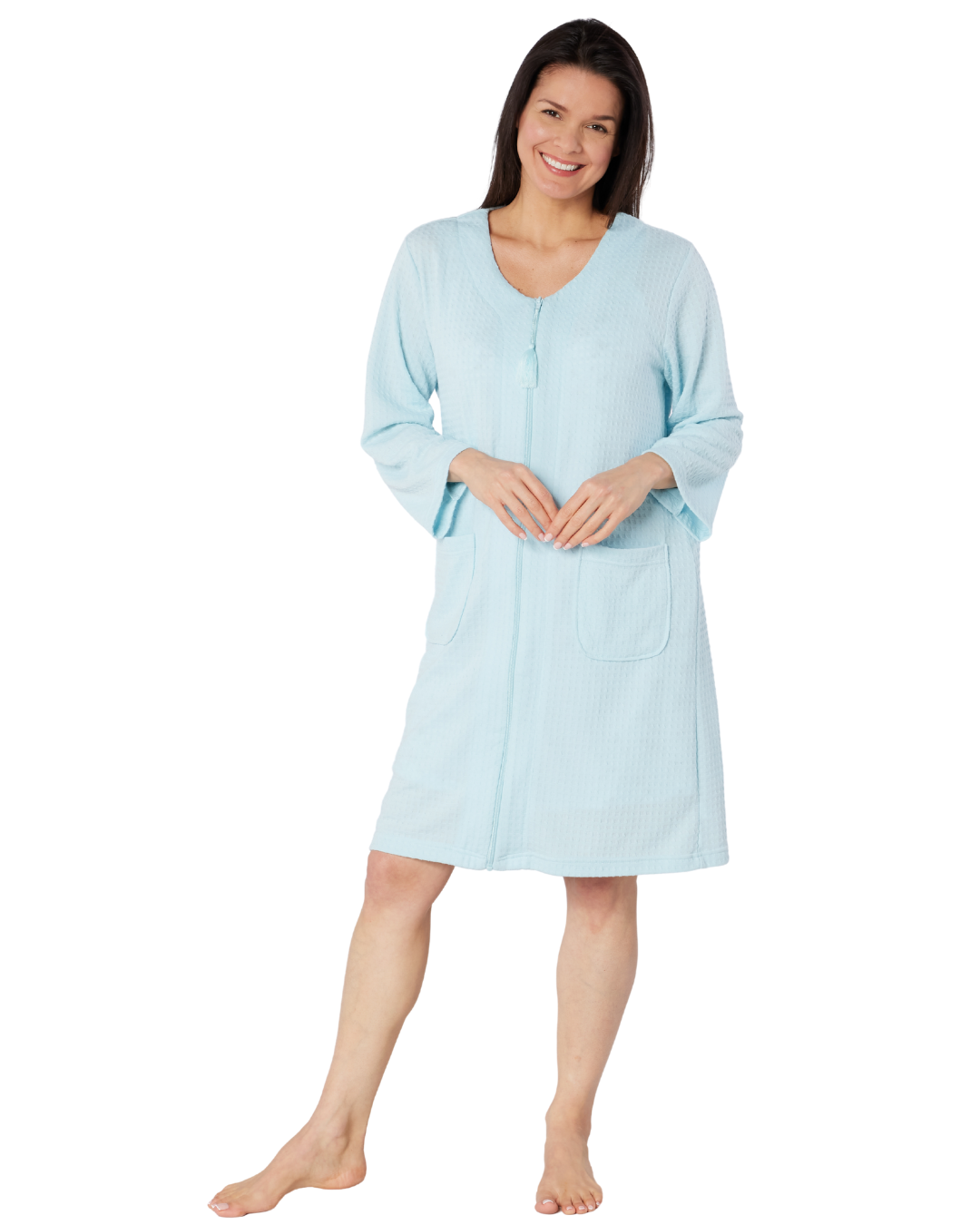 Women's Waffle Mid Weight Long Sleeve Mid Length Zip Dressing Gown with Front Pockets