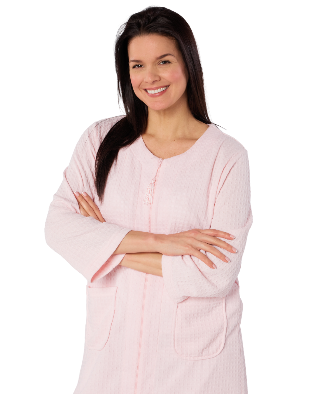 Women's Waffle Mid Weight Long Sleeve Mid Length Zip Dressing Gown with Front Pockets
