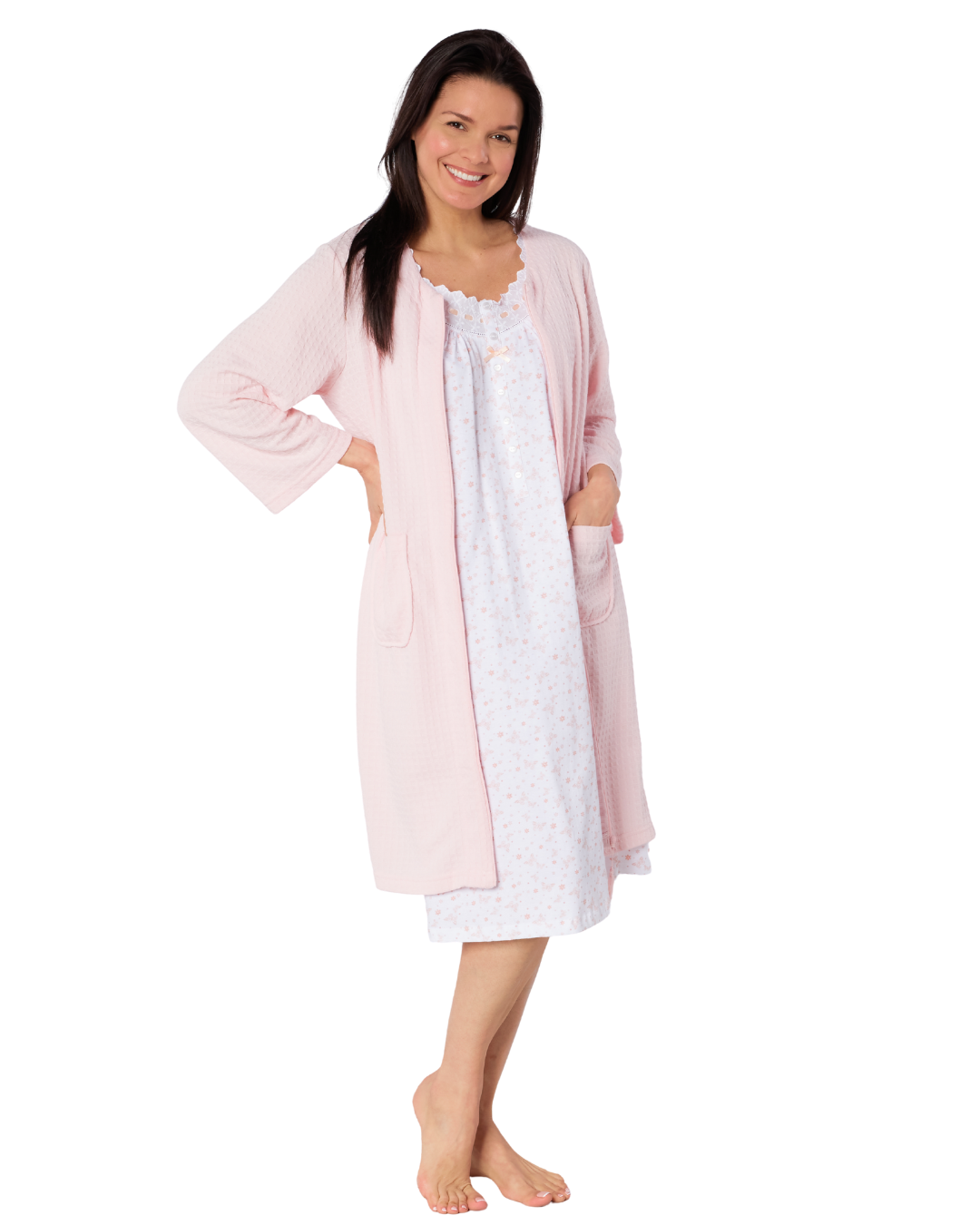 Women's Waffle Mid Weight Long Sleeve Mid Length Zip Dressing Gown with Front Pockets