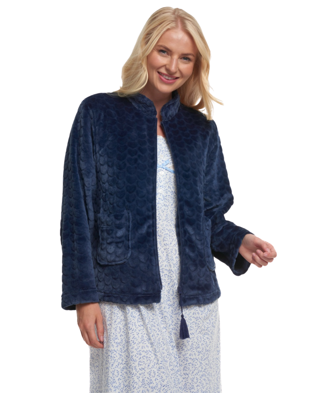 Women's Embossed Fleece Long Sleeve Zip Fastening Bed Jacket