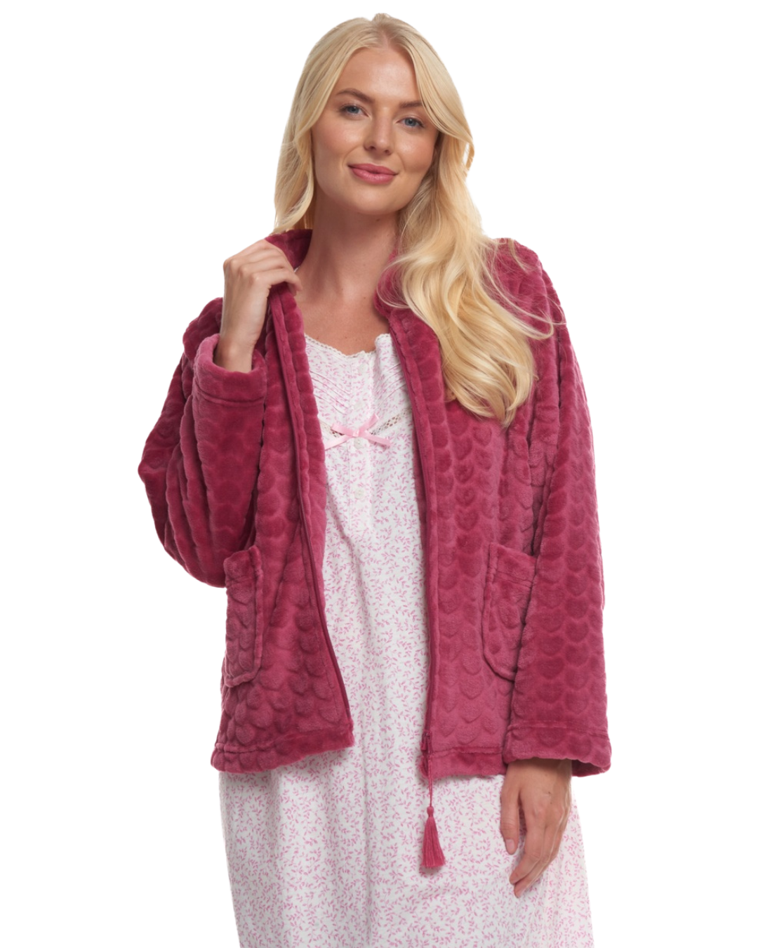 Women's Embossed Fleece Long Sleeve Zip Fastening Bed Jacket