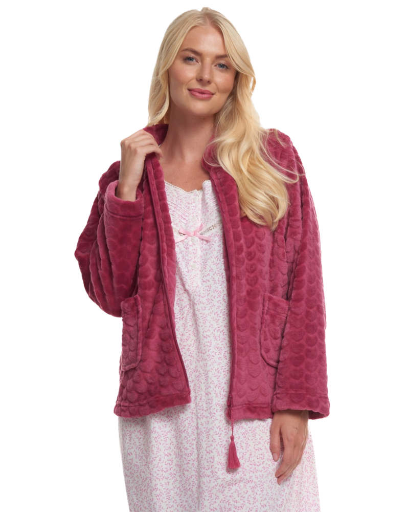 Women's Embossed Fleece Long Sleeve Zip Fastening Bed Jacket