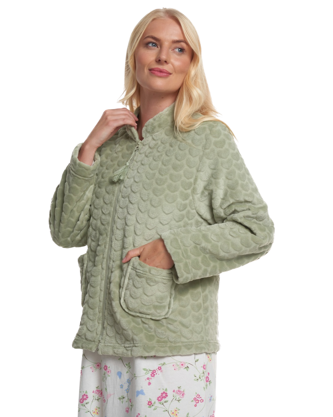 Women's Embossed Fleece Long Sleeve Zip Fastening Bed Jacket