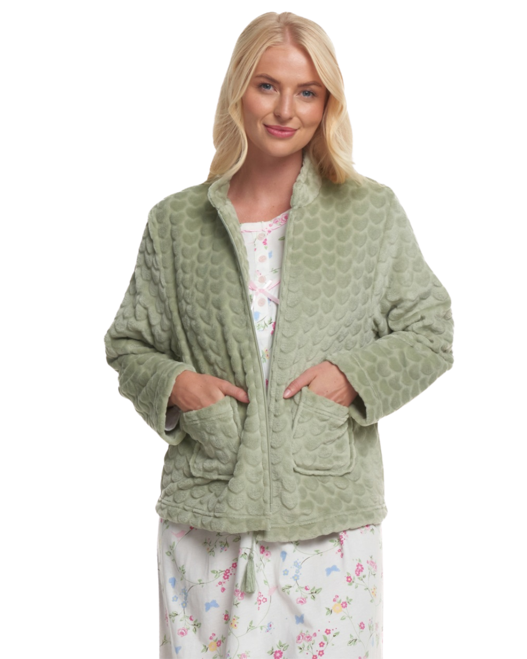 Women's Embossed Fleece Long Sleeve Zip Fastening Bed Jacket
