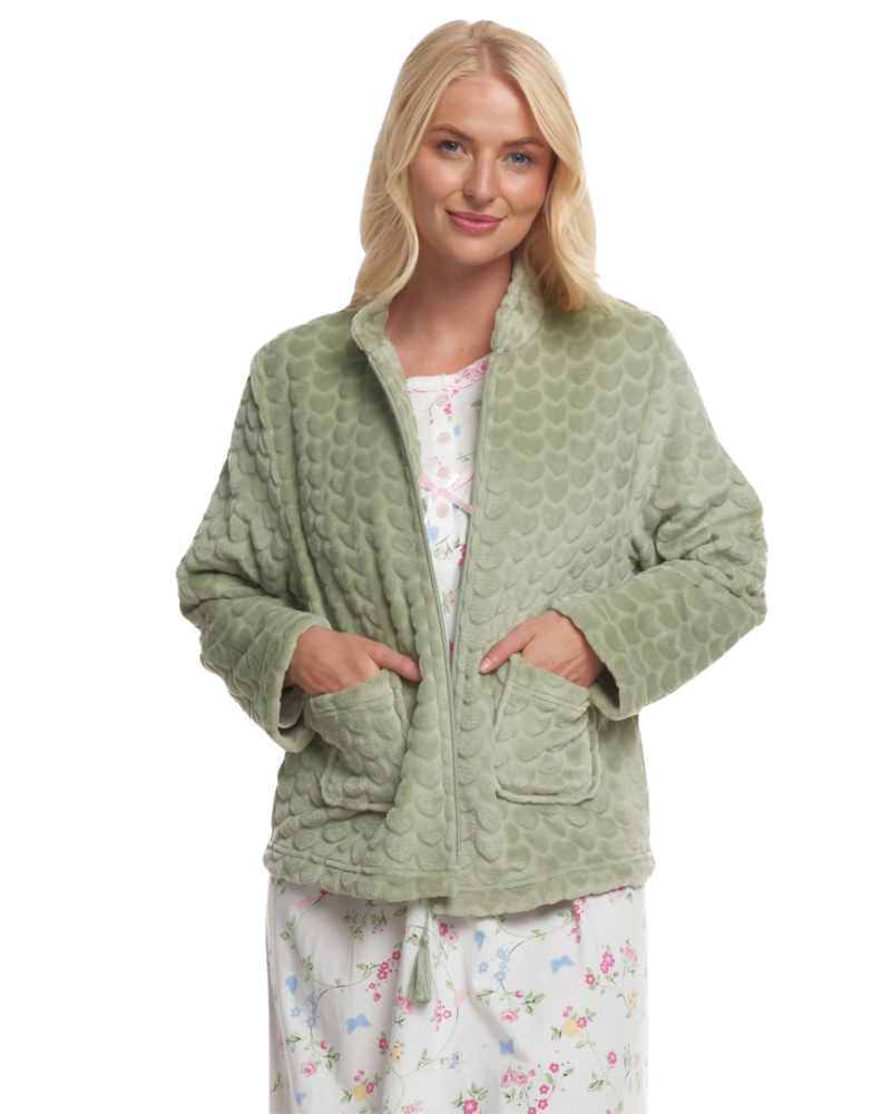 Women's Embossed Fleece Long Sleeve Zip Fastening Bed Jacket