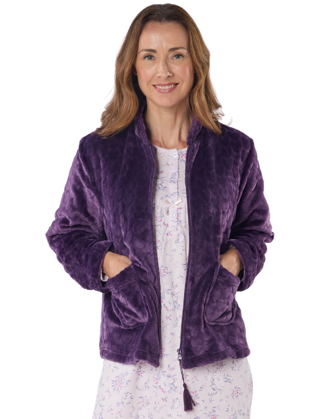 Women's Embossed Fleece Long Sleeve Zip Fastening Bed Jacket