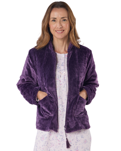 Women's Embossed Fleece Long Sleeve Zip Fastening Bed Jacket