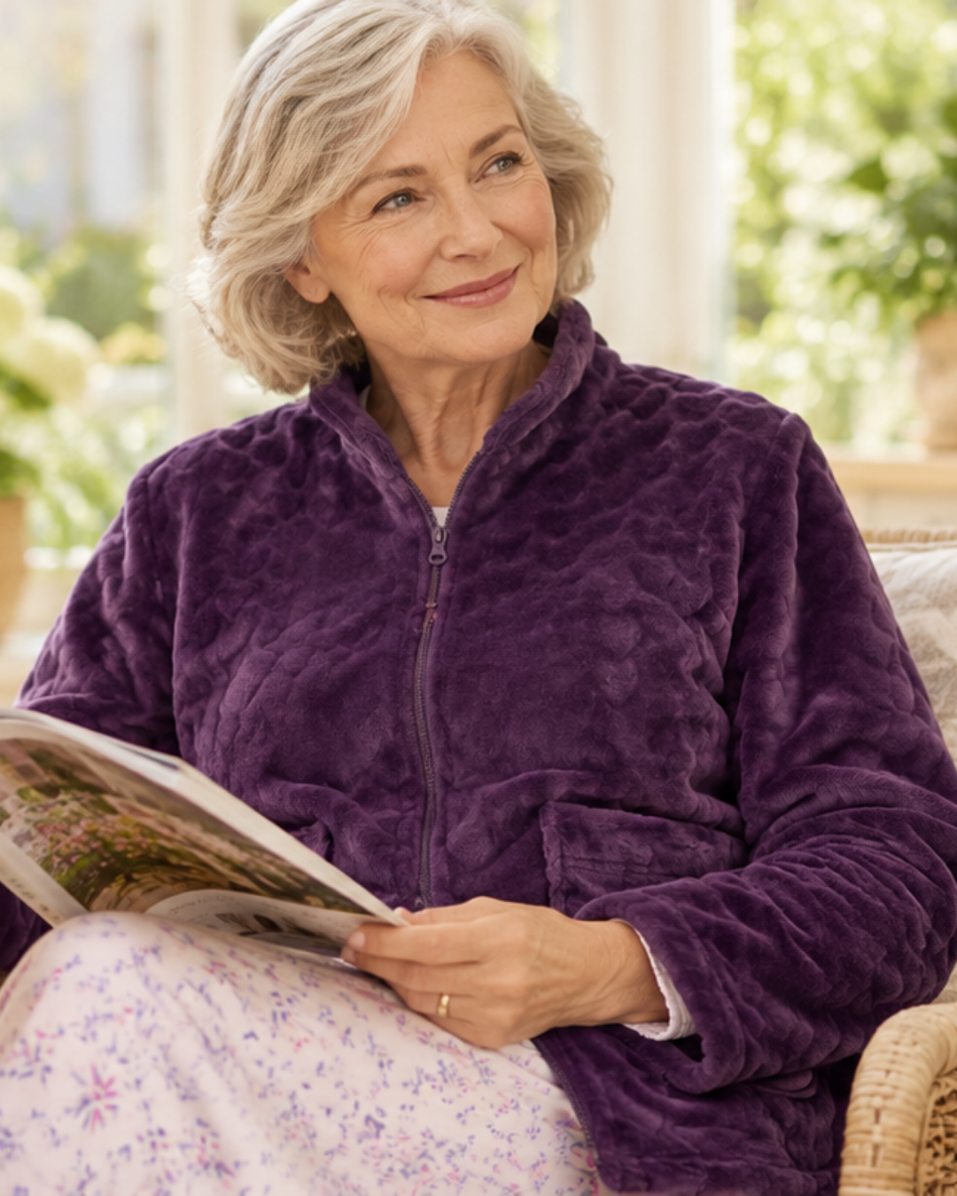 Women's Embossed Fleece Long Sleeve Zip Fastening Bed Jacket