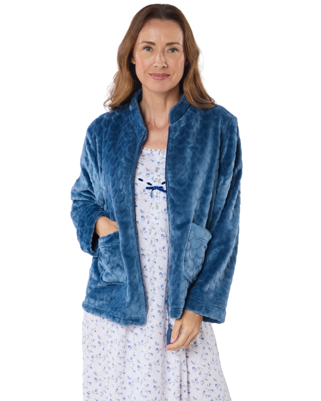 Women's Embossed Fleece Long Sleeve Zip Fastening Bed Jacket