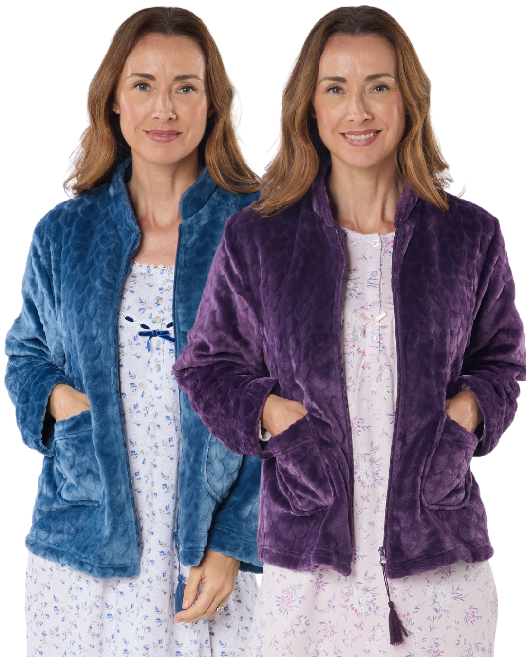 Women's Embossed Fleece Long Sleeve Zip Fastening Bed Jacket