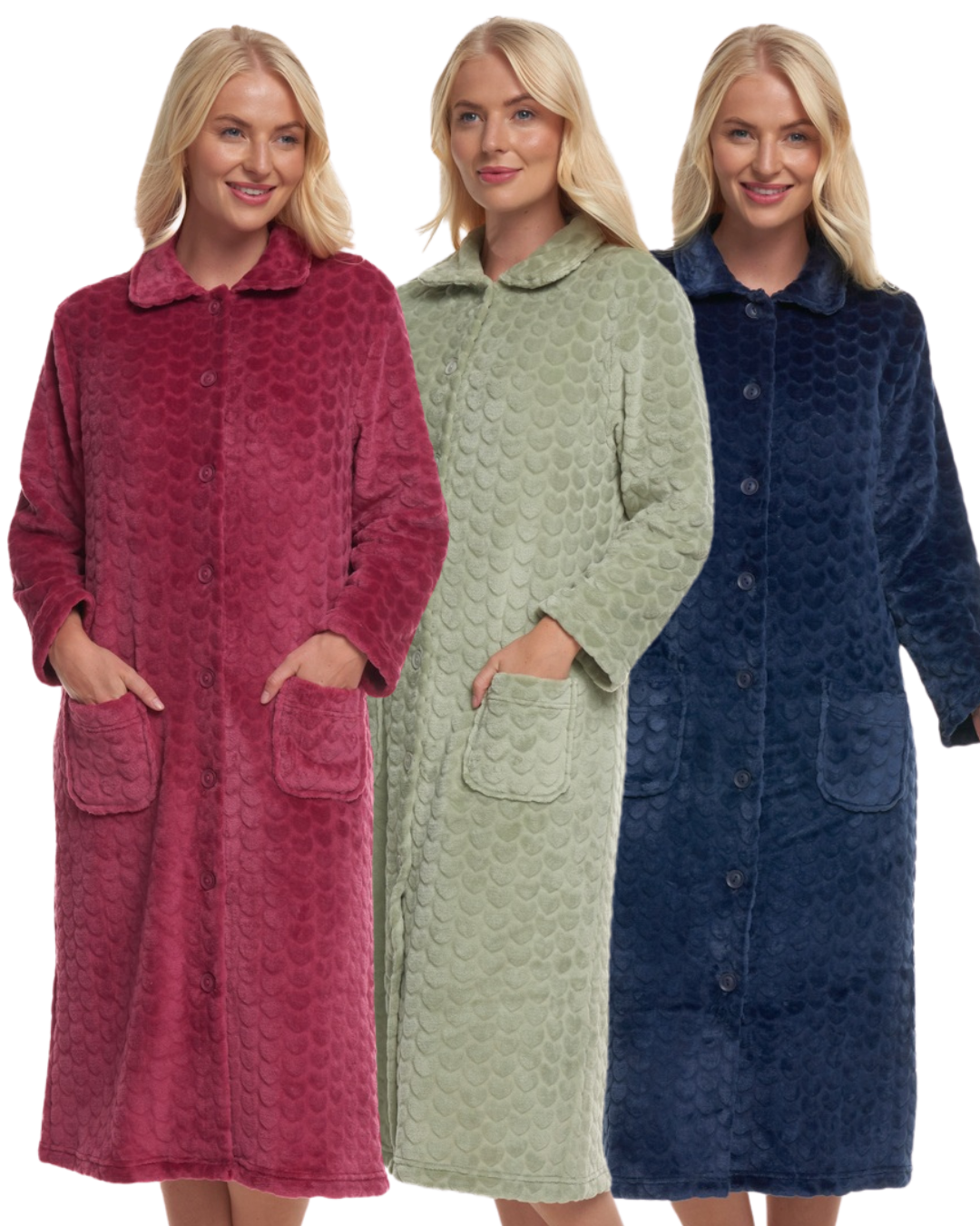 Women's Embossed Fleece Button Up Dressing Gown with Front Pockets