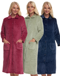 Women's Embossed Fleece Button Up Dressing Gown with Front Pockets