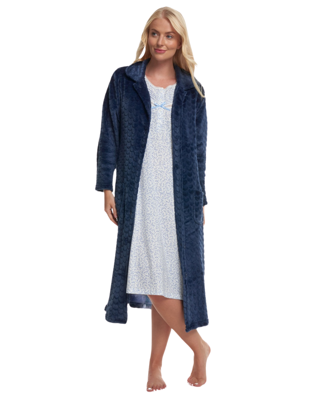 Women's Embossed Fleece Button Up Dressing Gown with Front Pockets