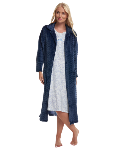 Women's Embossed Fleece Button Up Dressing Gown with Front Pockets