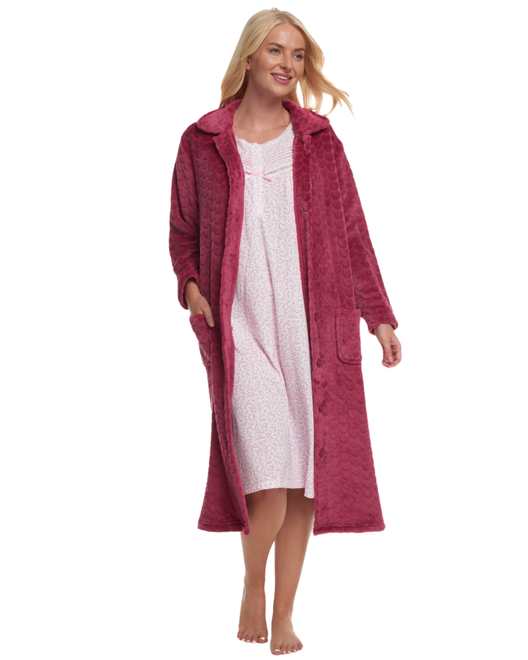 Women's Embossed Fleece Button Up Dressing Gown with Front Pockets