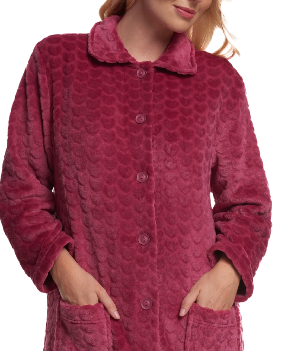 Women's Embossed Fleece Button Up Dressing Gown with Front Pockets