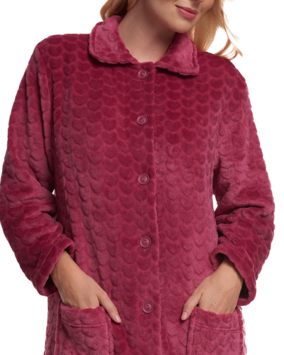 Women's Embossed Fleece Button Up Dressing Gown with Front Pockets