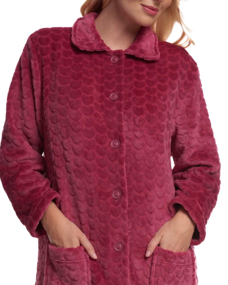 Women's Embossed Fleece Button Up Dressing Gown with Front Pockets