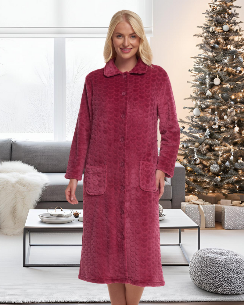 Women's Embossed Fleece Button Up Dressing Gown with Front Pockets