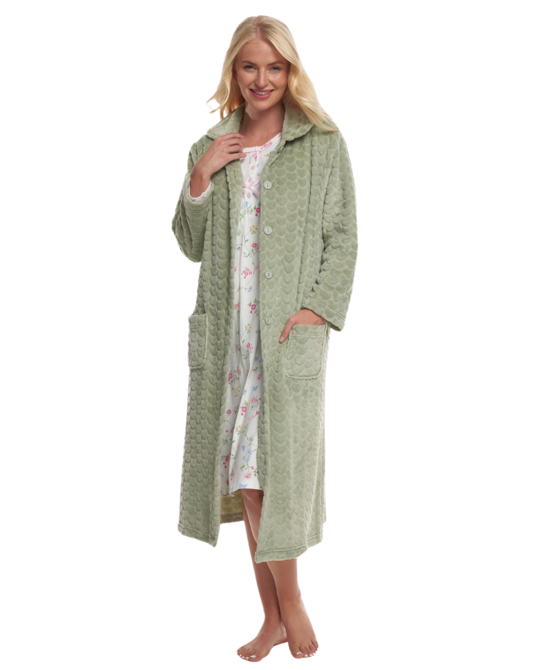 Women's Embossed Fleece Button Up Dressing Gown with Front Pockets