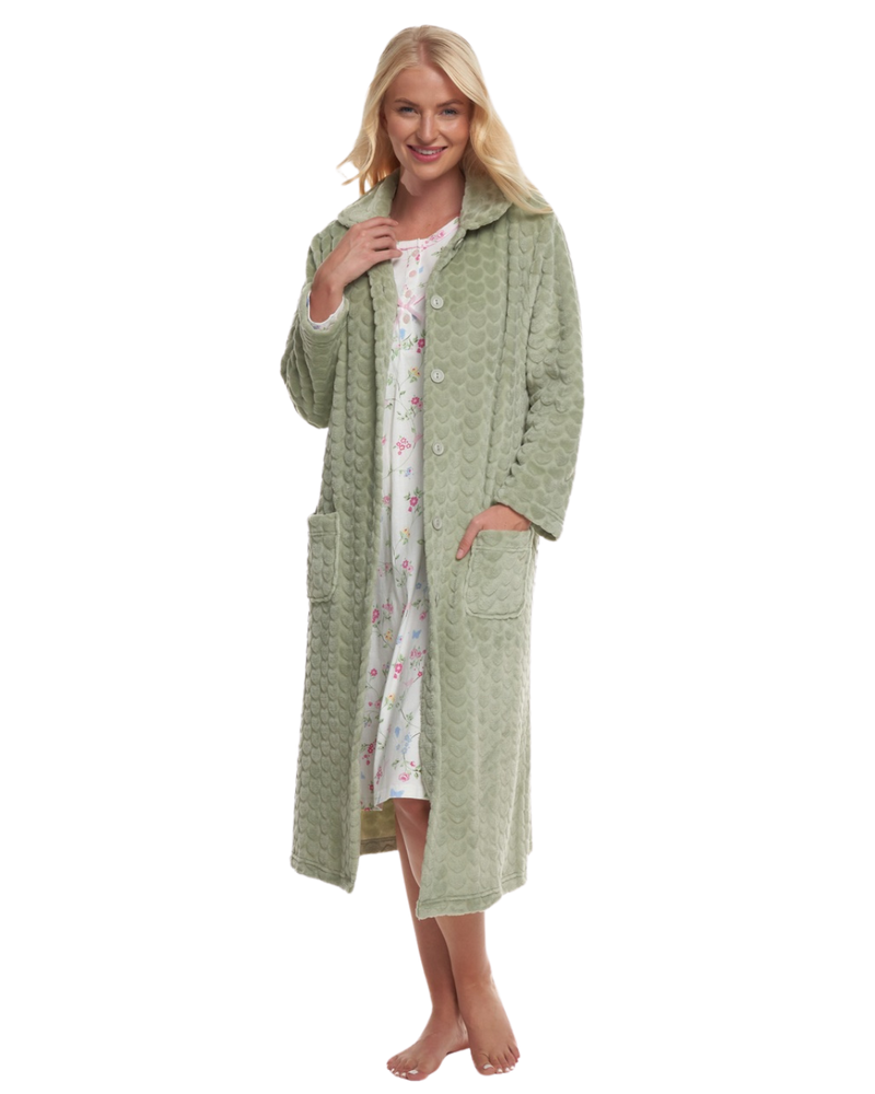 Women's Embossed Fleece Button Up Dressing Gown with Front Pockets